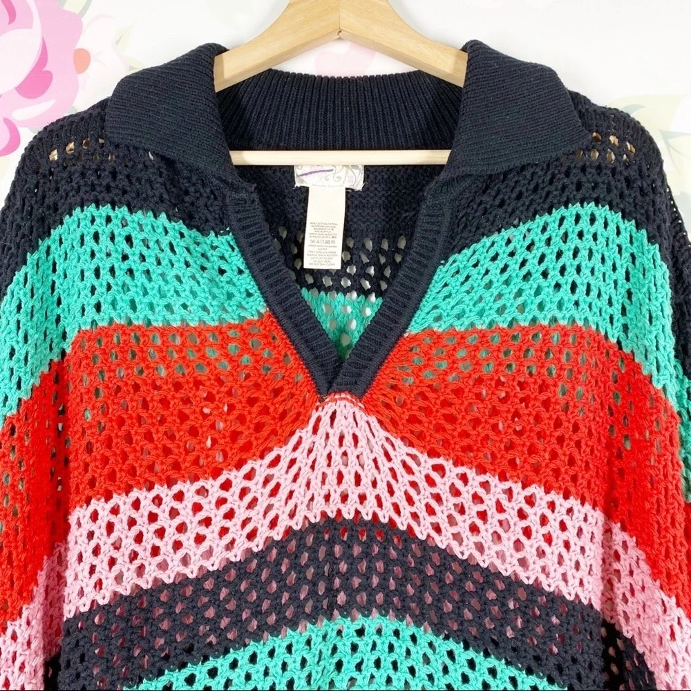 NEW Free People Bayside Stripe Black Combo Crochet Summer Beach Knit Poncho OS